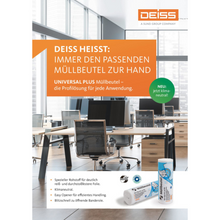 Gezeigt wird ein Büroraum mit Schreibtischen und Stühlen. Im Vordergrund ist eine Anzeige zu sehen, die die DEISS-Müllsäcke der EMIL DEISS KG (GmbH + Co.) präsentiert. Die Anzeige hebt deren klimaneutrale Vorteile und benutzerfreundliches Design hervor. Im unteren Bereich werden verschiedene Produktgrößen präsentiert, darunter auch die 60 Liter fassenden, transparenten Beutel DEISS 49801, die im 20er-Pack erhältlich sind.