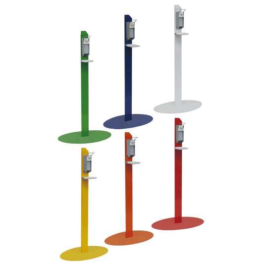 Sechs farbenfrohe Novocal Desinfektionscenter Standmodell-Einheiten - jede mit einem Handdesinfektionsspender auf einem schwarz pulverbeschichteten Ständer und einem kleinen Regal - wurden in den Farben Grün, Blau, Weiß, Gelb, Orange und Rot geliefert.