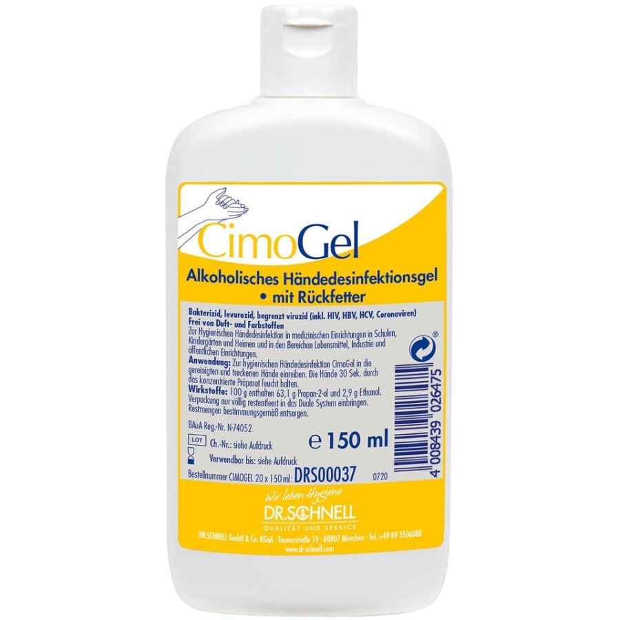 Eine weiße 150 ml Flasche Dr. Schnell CIMOGEL Händedesinfektion der DR.SCHNELL GmbH & Co. KGaA, mit gelbem Etikett mit deutschem Text, blauem Logo, weißem Flip-Top-Verschluss und einer Anleitung zur Händedesinfektion und zum Schutz vor Keimen.