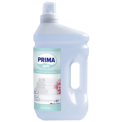 Dr. Schnell PRIMA SOFT von DR.SCHNELL GmbH & Co. KGaA ist ein flüssiger 3-Liter-Weichspüler in einer klaren Kunststoffflasche mit weißem Verschluss, integriertem Griff und einem Etikett mit gefalteten Handtüchern und einer rosa Blume - ideal für den professionellen Einsatz.
