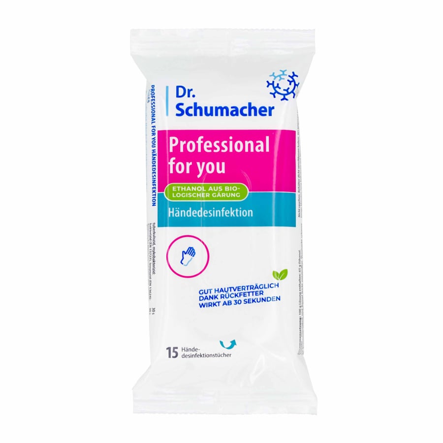 Pakkaus Dr. Schumacher GmbH Professional for you käsien desinfiointipyyhkeitä, saksankielisellä tekstillä valkoisessa pakkauksessa ja sinisillä/vaaleanpunaisilla korostuksilla. Sisältää 15 viruksille tehoavaa, ihoystävällistä pyyhettä.