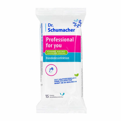 Pakkaus Dr. Schumacher GmbH Professional for you käsien desinfiointipyyhkeitä, saksankielisellä tekstillä valkoisessa pakkauksessa ja sinisillä/vaaleanpunaisilla korostuksilla. Sisältää 15 viruksille tehoavaa, ihoystävällistä pyyhettä.