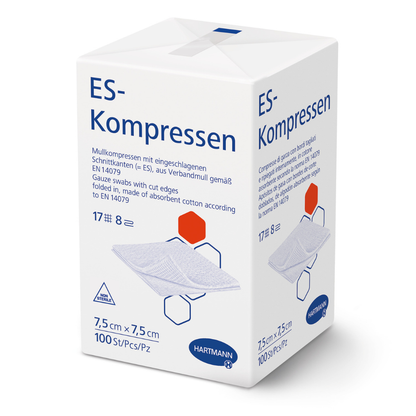 Valkoinen laatikko, jossa lukee "Hartmann ES-kompressiot eri kokoisina, steriloimattomat" Paul Hartmann AG:lta, esittää tuotetietoja saksaksi, mitat 7,5 x 7,5 cm, 100 kappaletta, kuva harsokompressioista haavanhoitoon ja Hartmann-logo alareunassa.