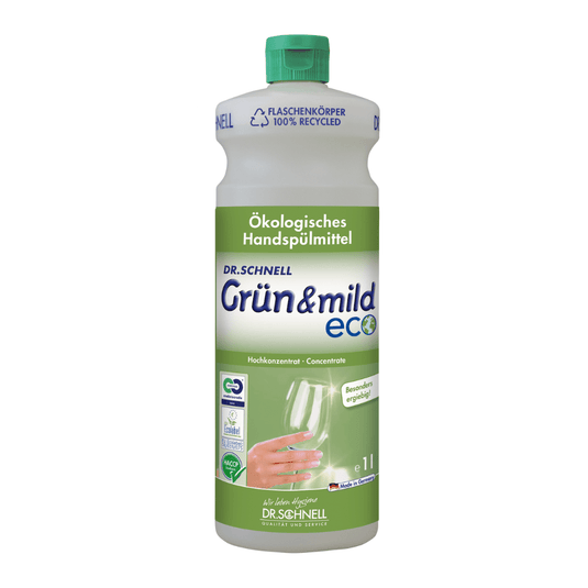 Dr. Schnell GRÜN & MILD ECO on tehokas ekologinen astianpesuaine, jota myydään valko-vihreässä muovipullossa. Etiketissä on kuva kädestä, joka pesee viinilasia, sekä saksankielinen teksti, jossa korostetaan tuotteen ekologisia etuja ja ihoystävällisiä ominaisuuksia. DR.SCHNELL GmbH & Co. KGaA:n valmistamassa pullossa on vihreä korkki, jolla on HACCP-sertifikaatti.