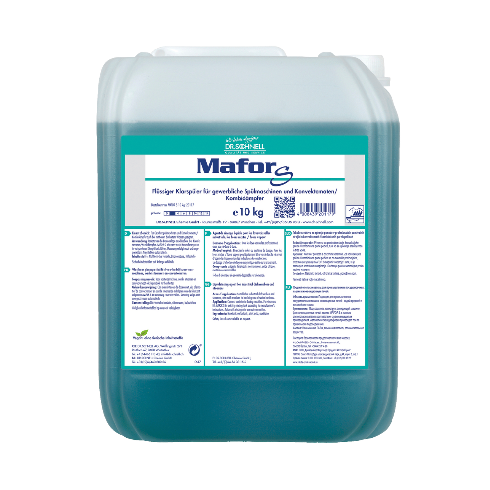 10 kg:n säiliö Dr. Schnell MAFOR S Hapan huuhteluaine kaupallisiin astianpesukoneisiin DR.SCHNELL GmbH & Co. KGaA:lta sisältää sinivihreän liuoksen, joka on näkyvissä läpikuultavan pakkauksen läpi. Etiketissä on tuotetietoja ja käyttöohjeita saksaksi ja se esittelee ylpeänä EU-ympäristömerkin, joka vahvistaa sen ympäristöystävälliset ominaisuudet.