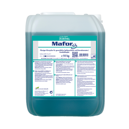 10 kg:n säiliö Dr. Schnell MAFOR S Hapan huuhteluaine kaupallisiin astianpesukoneisiin DR.SCHNELL GmbH & Co. KGaA:lta sisältää sinivihreän liuoksen, joka on näkyvissä läpikuultavan pakkauksen läpi. Etiketissä on tuotetietoja ja käyttöohjeita saksaksi ja se esittelee ylpeänä EU-ympäristömerkin, joka vahvistaa sen ympäristöystävälliset ominaisuudet.