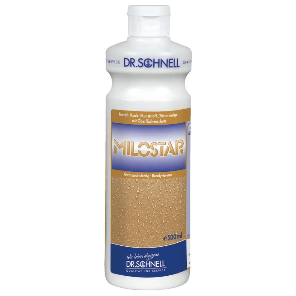 Valkoinen 500 ml muovipullo, jossa on Dr. Schnell MILOSTAR metalli-, maali- ja muovinpuhdistaja DR.SCHNELL GmbH & Co. KGaA:lta, sinivalkoisella saksalaisella etiketillä, jossa on tuotetiedot ja brändäys.