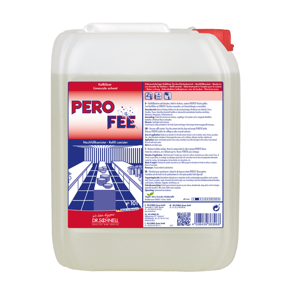 Suuri valkoinen muovisäiliö, jossa on punainen kansi, on merkitty „Dr. Schnell PeroFee Kalklöser, käyttövalmis“, varustettu saksankielisellä tekstillä ja kuvalla stilisoidusta kylpyhuoneesta, jossa on pesuallas ja peilit, ja se sopii siksi ihanteellisesti happoa kestäville pinnoille. DR.SCHNELL GmbH & Co. KGaA:n valmistama 10 litran säiliö on suunniteltu puhdistusliuosten säilyttämiseen.