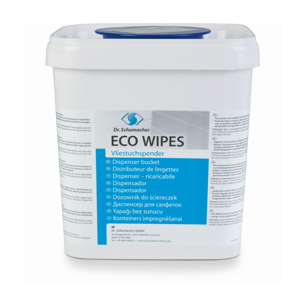 Kuva valkoisesta purkista, jossa on teksti „Dr. Schumacher Eco Wipes Vliestuchspender, kulmikas | Jakelija (1 kpl).“ Purkki, jossa on sininen jakelukansi, toimii uudelleenkäytettävänä jakelijana liinoille. Teksti useilla kielillä osoittaa, että sen on valmistanut Dr. Schumacher GmbH Saksassa.