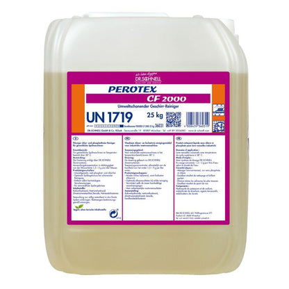 Ein 25-kg-Kunststoffbehälter mit Dr. Schnell PEROTEX CF 2000 Chlorfreier Geschirrreiniger von DR.SCHNELL GmbH & Co. KGaA, gekennzeichnet mit mehrsprachigen Anweisungen, Sicherheitssymbolen und dem Gefahrstoffcode UN 1719.