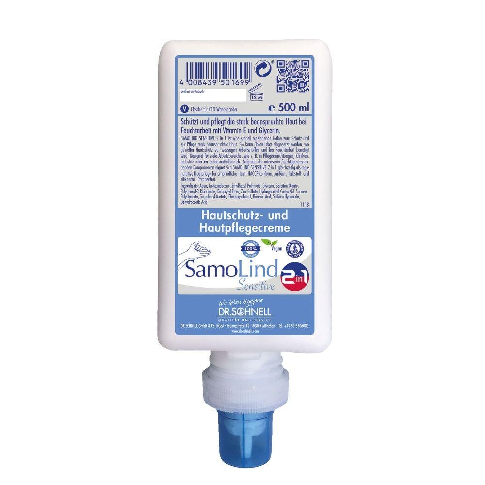 500 ml:n pullo SamoLind Sensitive 2in1 ihonsuoja- ja hoitovoide DR.SCHNELL GmbH & Co. KGaA:lta, sinisellä suuttimella ja etiketillä, jossa on saksankielisiä tuotetietoja.
