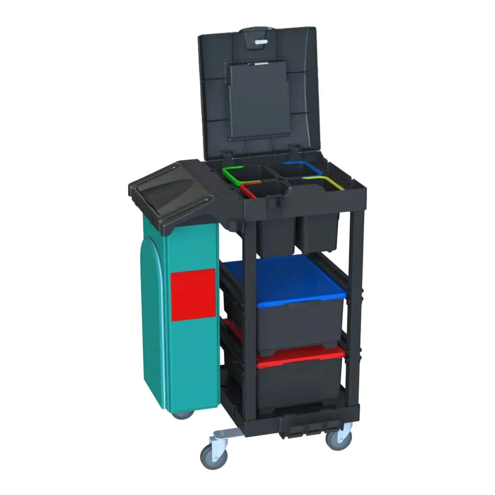 Der Arcora Ecoblack 140 von Arcora International GmbH ist ein schwarzer und blaugrüner Rollwagen (740 x 600 x 1100 mm) mit Behältern, Schalen, einem seitlichen Abfallbehälter und offenem, geteiltem Dach - perfekt für Reinigungsmittel oder umweltfreundlichen Karton.