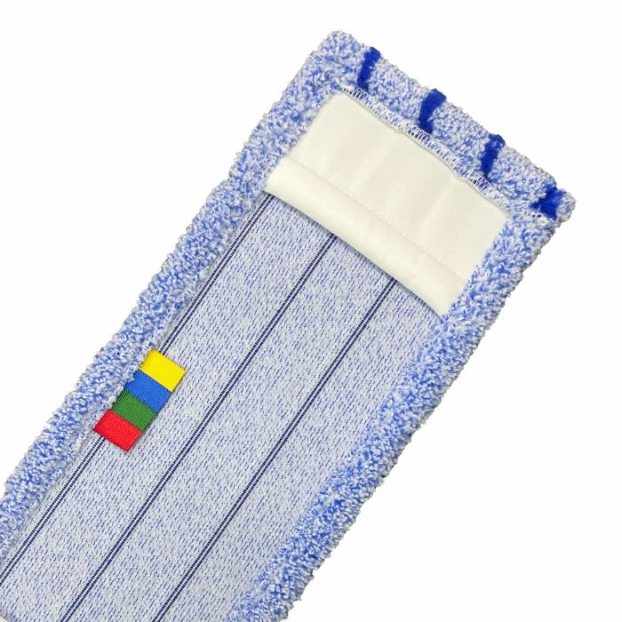 Lähikuva Arcora RUNNER BLUE - FC ILMAN KANTTA Arcora International GmbH:n mikrokuitumopista näyttää sinisen reunuksen ja neljä pientä värillistä tagia - keltainen, punainen, vihreä, sininen - valkoisella osalla, ihanteellinen kestävien lattioiden puhdistukseen.