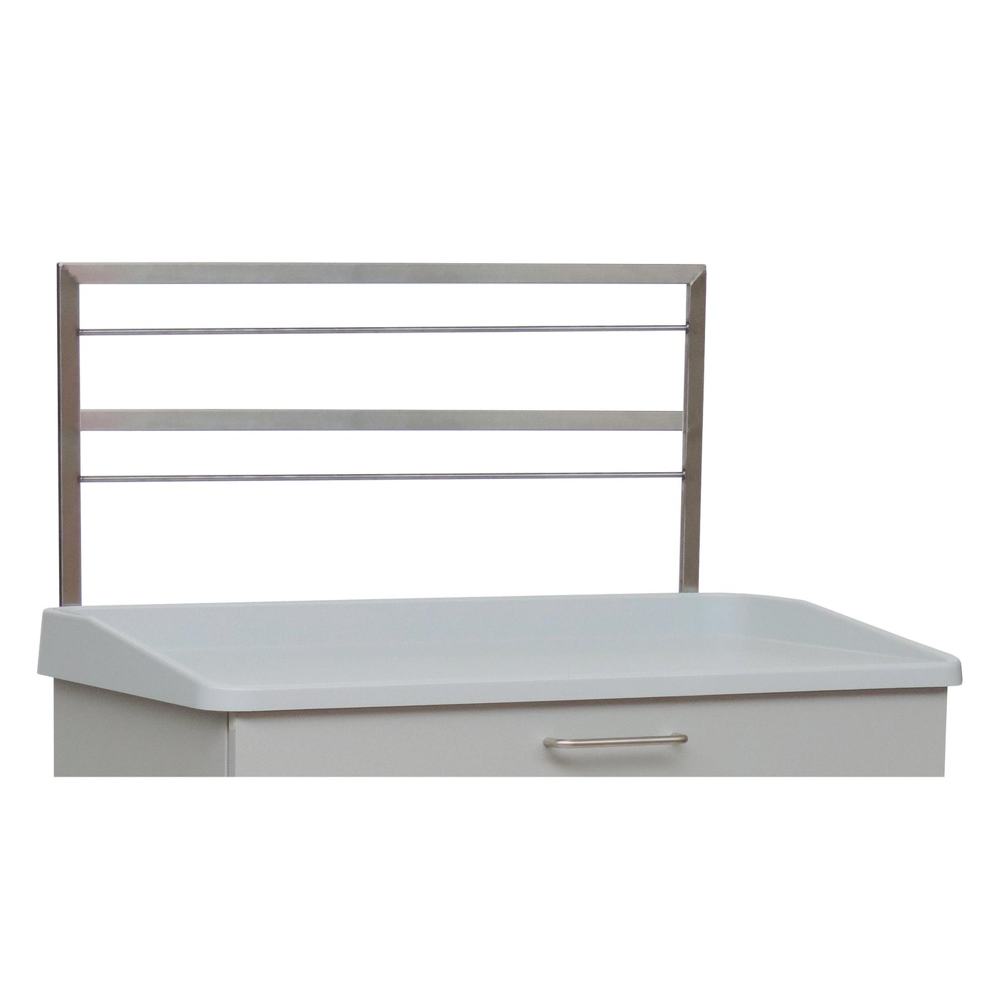 Novocal Euroschiene - 2-kertainen takaseinälle (1 kappale) on valkoinen kaappi, jossa on tasainen yläosa, hopeinen laatikon vedin ja metallikehikko, jossa on kolme vaakasuoraa tankoa takaseinän helppoon kiinnitykseen - ihanteellinen moderniin huonekalurakentamiseen.