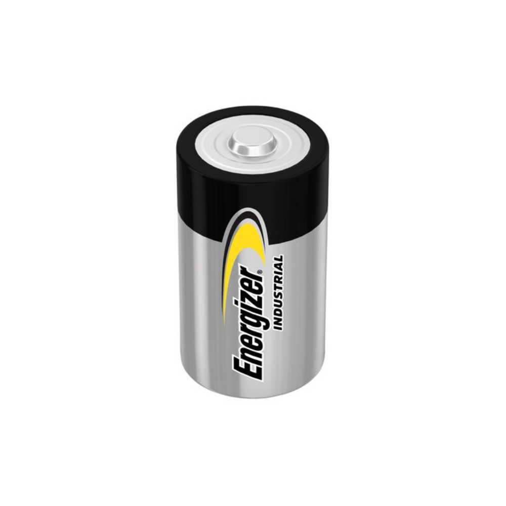 Sylinterimäinen paristo, jossa on metallinen kotelo ja musta yläosa. Kotelossa on painettu merkki 'Energizer Industrial' mustalla ja keltaisella tekstillä. Tämä Energizer-alkaliparisto, C/Baby, 1,5 V | Pakkaus (12 kappaletta) Energizer Deutschland GmbH:lta, on varustettu standardiliittimellä yläosassa. Suunnittelu on yksinkertainen ja käytännöllinen.