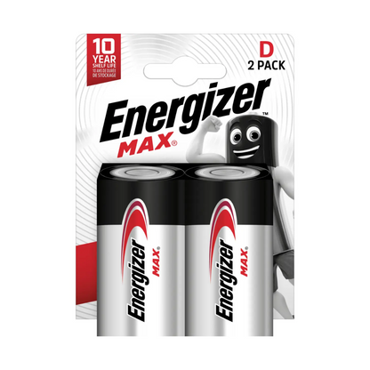 Kuvassa on läpipainopakkaus, jossa on kaksi Energizer Max Alkaline -paristoa koossa D-Mono-LR20. Pakkaus ilmoittaa 10 vuoden säilyvyysajan ja sisältää hymyilevän paristohahmon. Kestävä Energizer Max Alkaline -paristo D-Mono-LR20 | Pakkaus (2 kappaletta) Energizer Deutschland GmbH:lta on musta-hopeinen muotoilu punaisilla korostuksilla.
