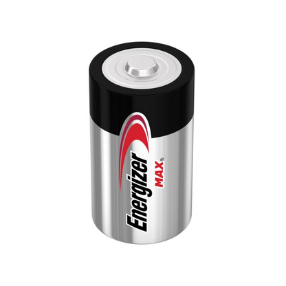 Energizer Max Alkaline D-Mono-LR20 -sylinteriparisto | Pakkaus (2 kappaletta) Energizer Deutschland GmbH:lta on kuvattu valkoisella taustalla. Paristolla on hopeinen kotelo, musta yläosa ja punainen aaltokuvio yläosan lähellä. Brändinimi "Energizer" ja sana "Max" on painettu sivulle.