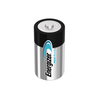 Sylinterimäinen paristo, jossa on hopeinen kotelo ja musta yläosa, jossa on teksti ”Energizer Max Plus Mono D LR20 Alkaline 1,5V Paristo | Pakkaus (20 kappaletta)” Energizer Deutschland GmbH:ltä, joka tarjoaa tehokkaan energialähteen. Energizer-logo ja sininen korostusdesign ovat näkyvissä edessä, ja yläosassa on näkyvä plusnapa.