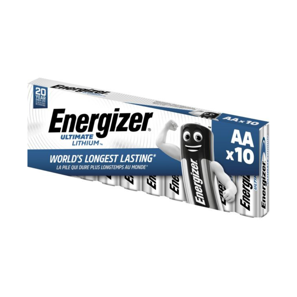 Energizer Deutschland GmbH:n Energizer Ultimate Lithium Mignon FR6 L91 AA-paristopaketti, täydellinen huipputeknologian sovelluksiin. Pakkauksessa väitetään, että nämä ovat maailman pitkäikäisimpiä paristoja ja mukana on 10 AA-paristoa. Laatikossa on pariston muotoinen hahmo, joka jännittää käsivarttaan, tekstillä englanniksi ja ranskaksi.