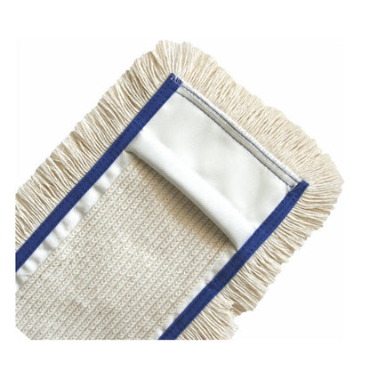 Lähikuva Arcora International GmbH:n Arcora First Mopp Blau:sta - suorakaiteen muotoinen moppipää, jossa on beiget hapsut, rakenteellinen puhdistuspinta ja sininen reuna - ihanteellinen erilaisten lattiamateriaalien ylläpitosiivoukseen valkoisella taustalla.