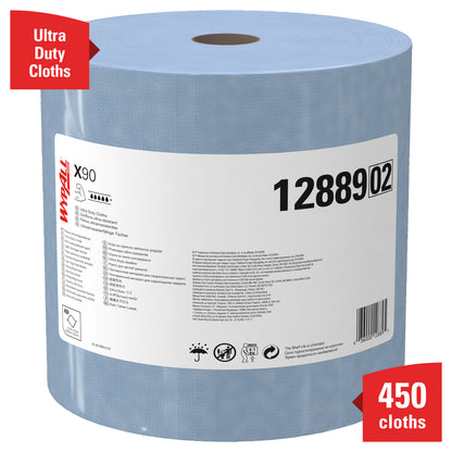 Kimberly-Clark GmbH:n suuri sininen WypAll® X90 PowerClean -rulla (1 rulla x 450 arkkia, tuote 1288902) sisältää valkoisen etiketin, kuvakkeita ja punaisia bannereita, joissa lukee "Ultra Duty Cloths" ja "450 Tücher".