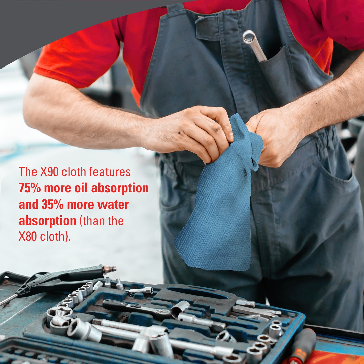 Harmaassa haalarissa ja punaisessa paidassa oleva henkilö käyttää sinistä WypAll® X90 PowerClean -rullaa (Kimberly-Clark GmbH) mekaanikkojen työkalujen lähellä korostaakseen parempaa öljyn ja veden imukykyä verrattuna X80-liinaan. 1 rulla, 450 arkkia per laatikko.