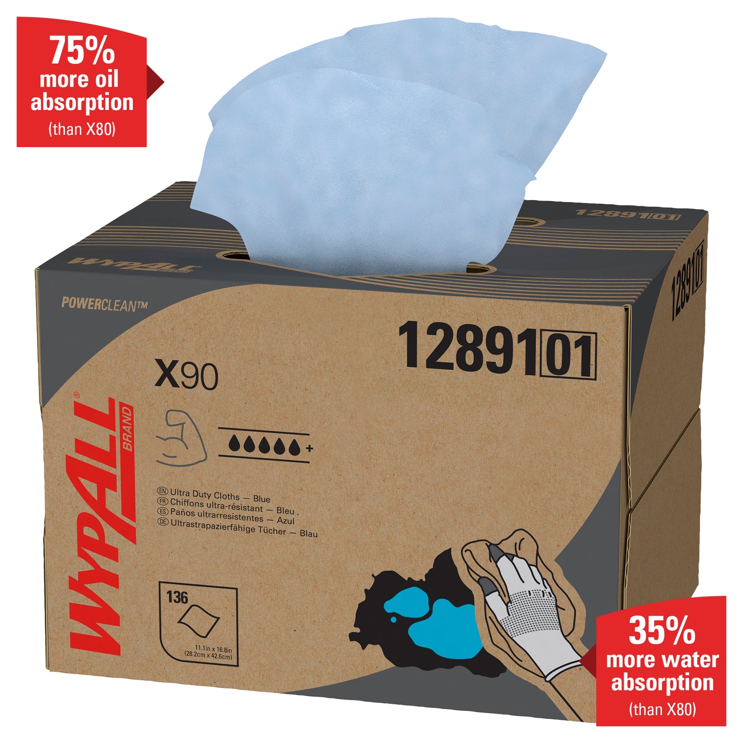 Kimberly-Clark GmbH:n WypAll® X90 PowerClean - BRAG™ Box/Sininen (1 Box x 136 arkkia) imee 75 % enemmän öljyä ja 35 % enemmän vettä kuin X80 - paras ratkaisusi voimakkaaseen likaantumiseen.
