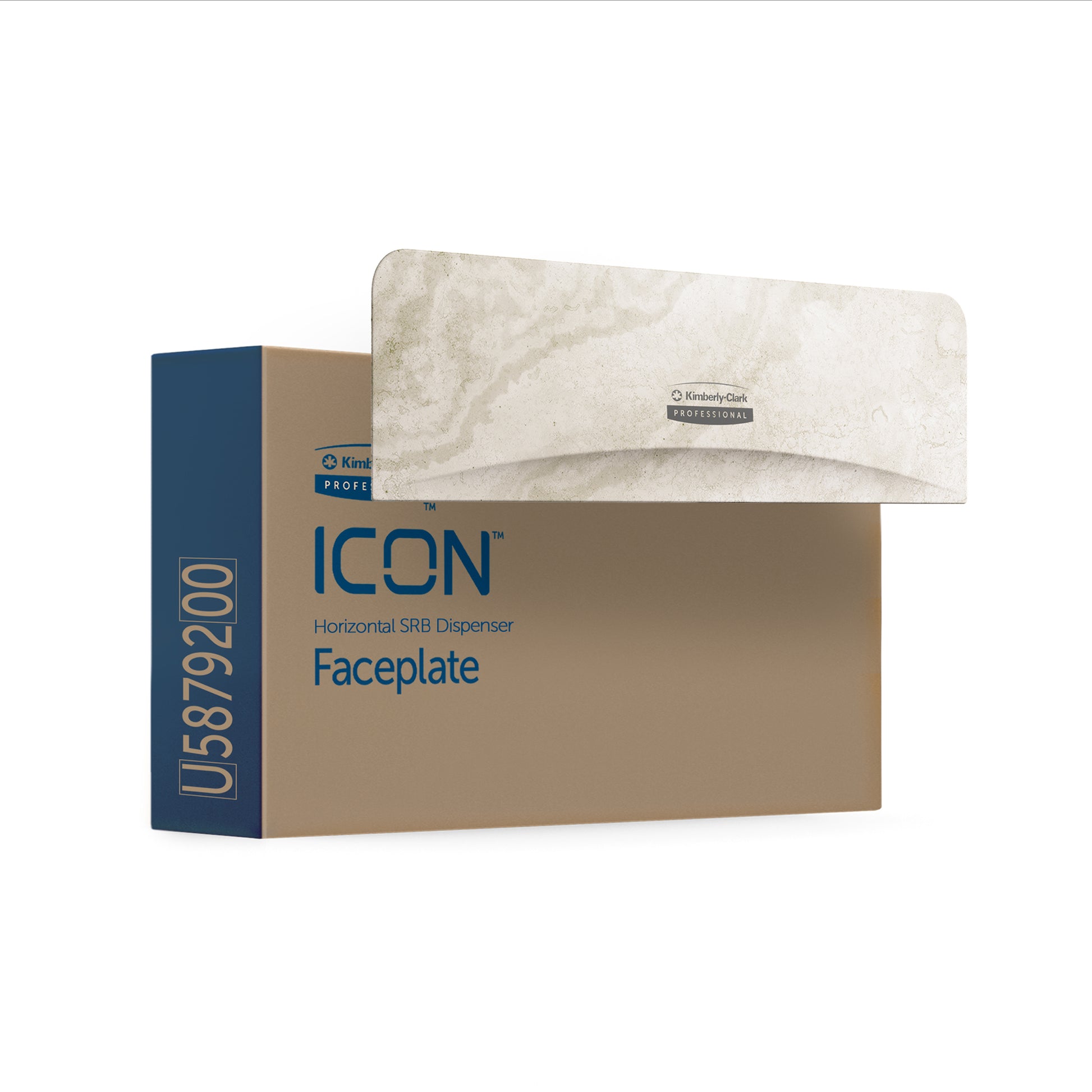 Eine rechteckige Schachtel mit der Aufschrift "Kimberly-Clark Professional™ Icon™ Dispenser Faceplate - SRBH, 32,39x10,80x3,18 cm" der Kimberly-Clark GmbH hat eine marmorierte Vorderseite und die Bezeichnung U5879200, die für Icon Dispenser-Systeme entwickelt wurde.