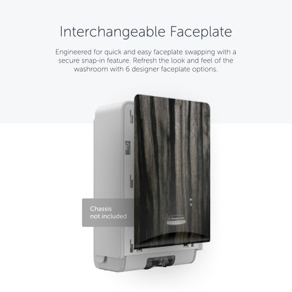 Abgebildet ist ein Kimberly-Clark Professional™ Icon™ Dispenser Faceplate (eSkinCare, 20,32 cm x 27,30 cm x 3,81 cm) von Kimberly-Clark GmbH mit dunkler Holzmaserung. Auf dem Etikett steht "Chassis nicht enthalten". Schnelle Faceplate-Wechsel ermöglichen eine einfache Anpassung der Toilette.