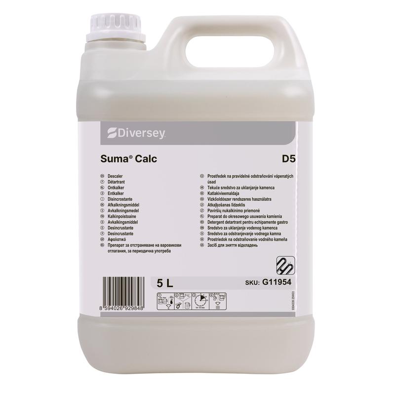 Ein weißer 5-Liter-Kunststoffbehälter mit Suma Calc D5 von Diversey Deutschland GmbH & Co. OHG, mit einem Griff und einem Etikett mit Produktangaben, Anweisungen und Barcode für den professionellen Einsatz.