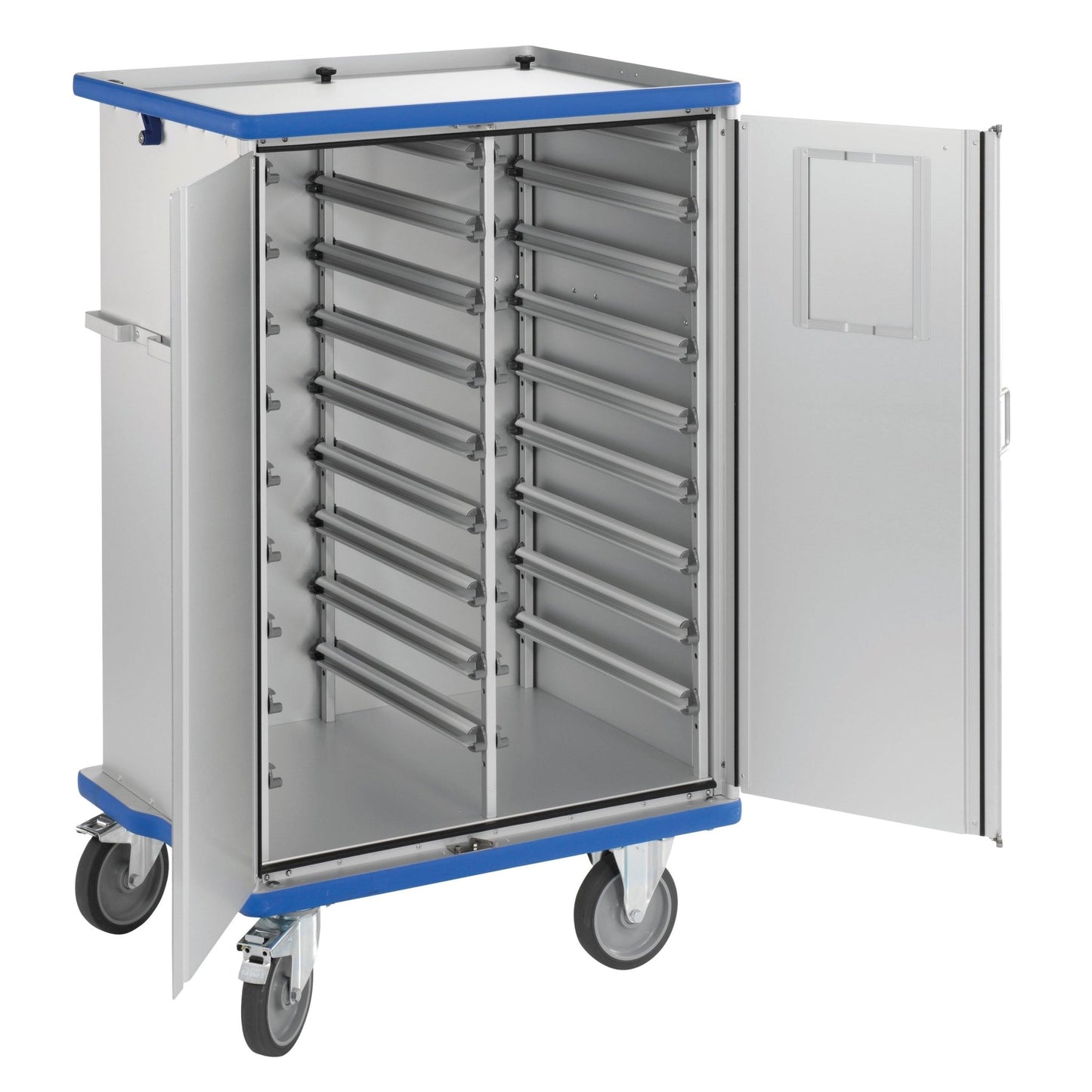 Novocalin suljettu moduulivaunu eloksoidusta alumiinista on varustettu kahdella salpalukollisella ovella, vaakasuorilla hyllyillä, neljällä suurella pyörällä ja sinisillä puskurilla. Ihanteellinen materiaalin varastointiin.