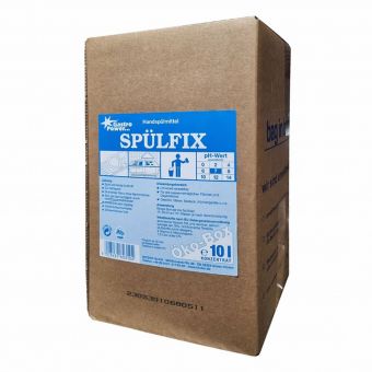 Ruskea laatikko, jossa lukee "GastroPower Spülfix Öko-Box, 10 l" Abena Re-Seller GmbH:lta, sinivalkoisella ohjeella, vaarasymboleilla ja 10 litran merkinnällä; tämä biohajoava astianpesuaine on ympäristöystävällinen.
