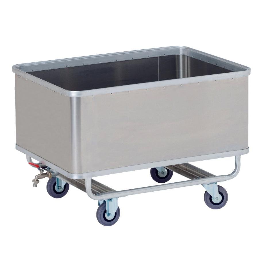 Novocal-kuljetuskontti on suorakulmainen alumiininen, vedenpitävä vaunu, jossa on neljä sinistä ohjauspyörää ja tyhjennysventtiili, ihanteellinen teolliseen tai kaupalliseen nesteiden turvalliseen käsittelyyn. Pakkaus: 1 kappale. Merkki: Novocal.