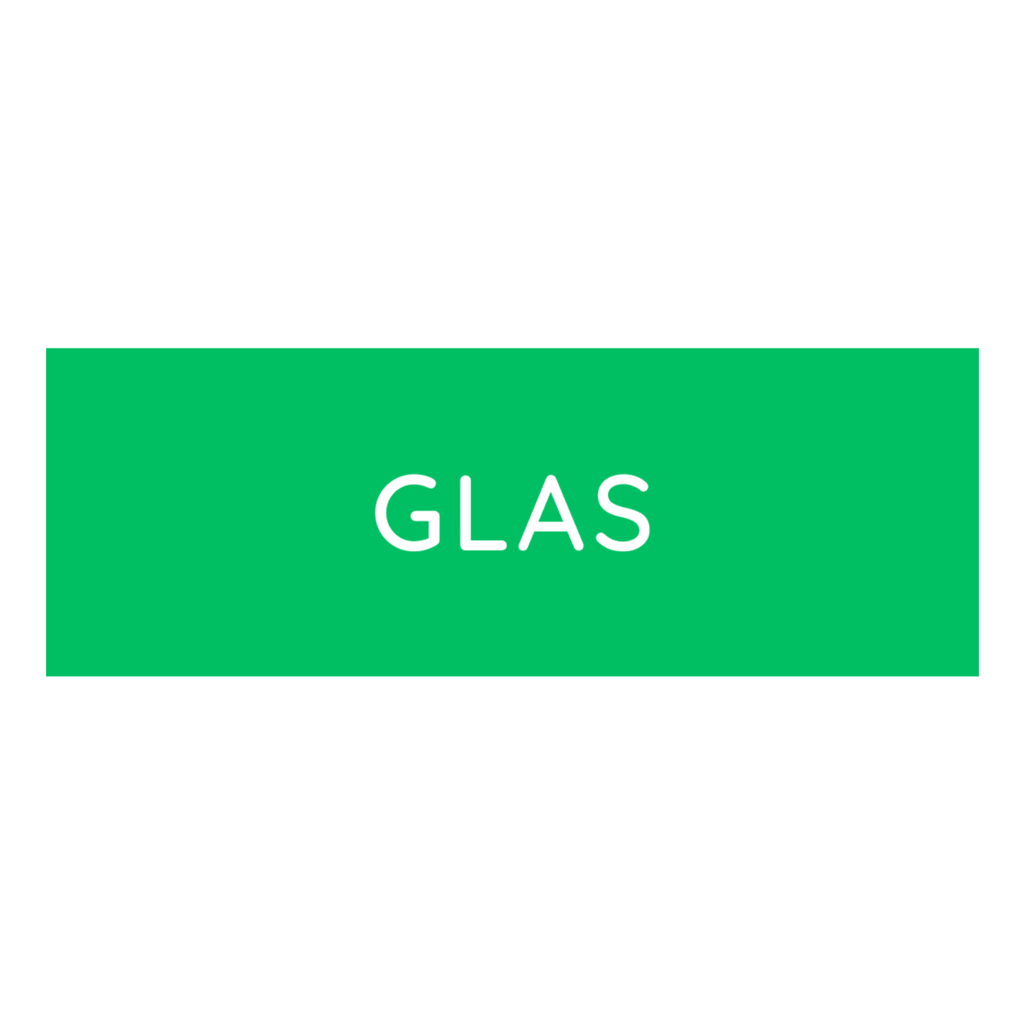 Novocalin pieni värillinen kierrätystarra (1 kpl) näyttää vihreän suorakulmion, jonka keskellä on "GLAS" valkoisilla isoilla kirjaimilla, ihanteellinen jätteiden lajitteluun. Suorakulmion ulkopuolella on valkoinen tausta.