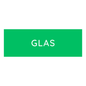 Novocalin pieni värillinen kierrätystarra (1 kpl) näyttää vihreän suorakulmion, jonka keskellä on "GLAS" valkoisilla isoilla kirjaimilla, ihanteellinen jätteiden lajitteluun. Suorakulmion ulkopuolella on valkoinen tausta.