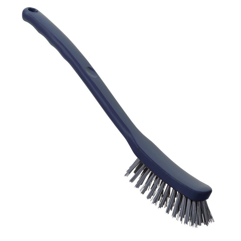 METDEC PREM. UNIVERSALBÜRSTE PBT Haug Bürsten KG:n harmaa-sininen puhdistusharja (296x25x23mm) pitkällä, kulmikkaalla kahvalla ja jäykillä harjaksilla, kuvattuna valkoisella taustalla.