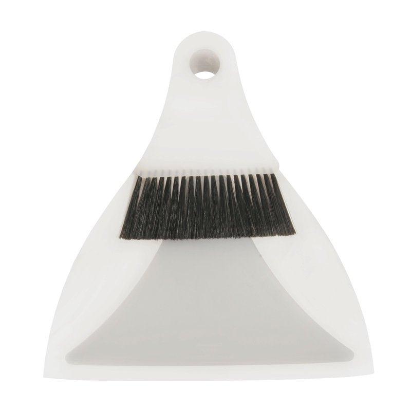 FLEXI KEHRGARNITUR/TISCHKEHRER POLYESTER, ø 0,20MM WEICH von Haug Bürsten KG on kompakti valkoinen rikkalapio ja yhteensopiva käsiharja mustilla harjaksilla, minimalistinen muotoilu, ripustusreiät - ihanteellinen puhdistustyökalu kotitalouteen.