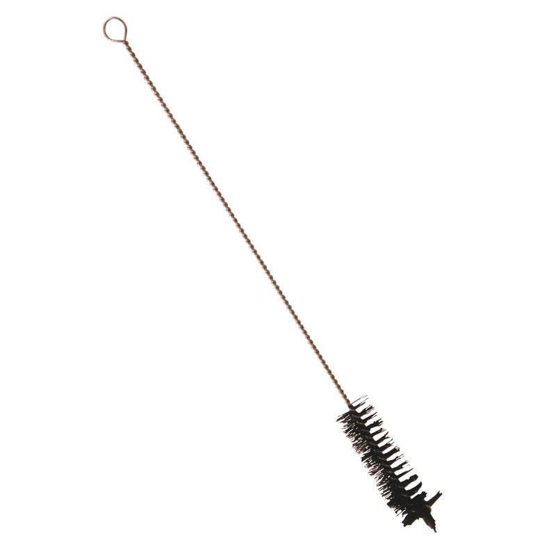 Die Haug Bürsten KG ROHRBÜRSTE, REINE BORSTE WEICH, 360xØ25mm hat weiche schwarze Borsten in zylindrischer Form und einen langen Griff mit Schlaufe, ideal zum Reinigen von Rohren, Flaschen, Tuben und anderen engen Behältern.