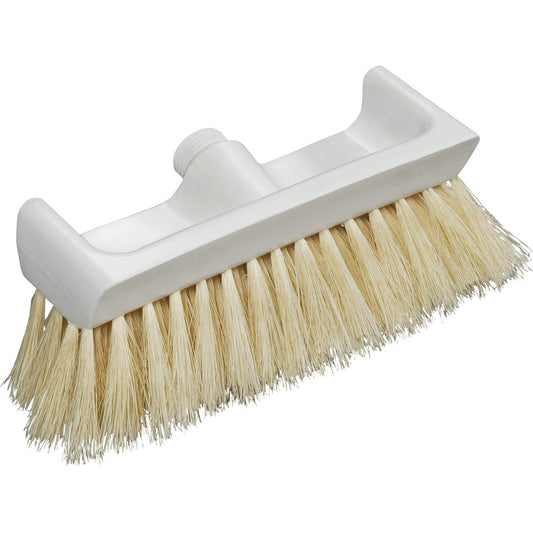 Der BACKOFENBESEN MIT SCHABEKANTE NATURFIBRE,270X100X65MM von Haug Bürsten KG ist ein weißer Kunststoffschrubbkopf mit steifen Naturfaserborsten und einer Gewindebohrung zur Stielbefestigung.