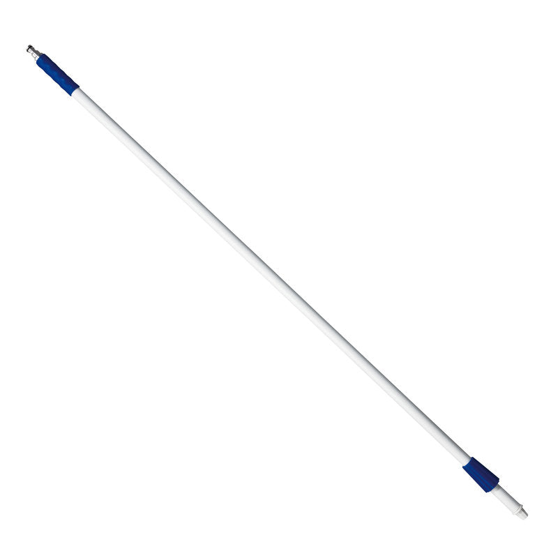 Der Haug Bürsten KG FIBERGLASSTIEL,SCHLAUCHANSCHL. 1450MM,F.GARDENA SCHLAUCHANSCH on valkoinen lasikuituvarsi sinisillä kahvoilla ja metallikärjillä, pituudeltaan 1450 mm, valkoisella taustalla.