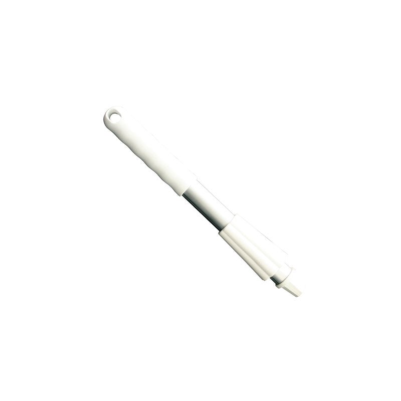 Valkoinen muovinen hammasharja irrotettavalla kahvalla on varustettu 300 mm pituisella KURZ-ALUSTIEL KANNELLA JA MUTTERILLA Haug Bürsten KG:lta, jotta kestävyys paranee.