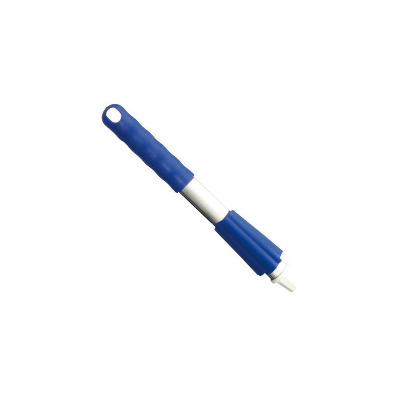 Lähikuva Haug Bürsten KG KURZ-ALUSTIEL, 300MM, KANNEN JA MUTTERIN puhdistusharjasta, jossa on sininen kahva ja valkoiset harjakset. Kahvassa on ripustusreikä, kaikki yksinkertaisen valkoisen taustan edessä.