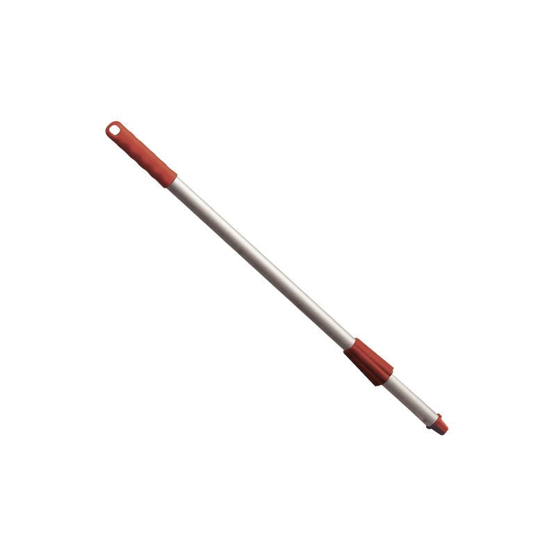 Haug Bürsten KG METDECT ALUSTIEL,ELOX.,650MM masto on valmistettu eloksoidusta alumiinista, siinä on punaiset OXIDROTE-muovikorkit ja mutteri, kuvattuna valkoista taustaa vasten.