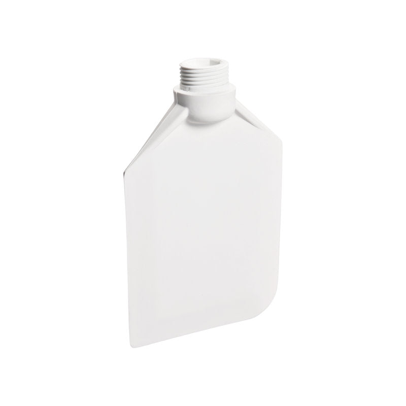 Valkoinen, litteä, suorakulmainen muovipullo, jossa on kierrekorkki, seisoo pystyssä yksivärisellä taustalla - ihanteellinen käytettäväksi Haug Bürsten KG SEKOITUSLUSIKKA, PEHMEÄ, TPE 190x120x40mm, ilman vartta.