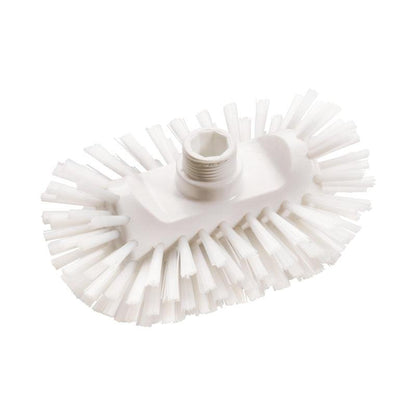 Valkoinen, soikea Haug Bürsten KG-kattilaharja PBT kova (200x125x105 mm) jäykillä reunaharjaksilla ja keskellä olevalla kierreaukolla varren kiinnittämistä varten, kuvattuna valkoisella; hygieeninen puhdistusharja, HACCP-yhteensopiva.