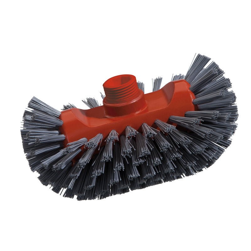 Lähikuva Haug Bürsten KG METAL DETECT KESSELBÜRSTE, PBT harmaa, Ø0,60mm (200x125x35mm) näyttää tiheät, jäykät harjakset ja kierreaukon varren kiinnittämistä varten, ihanteellinen metallin puhdistukseen, valkoista taustaa vasten.