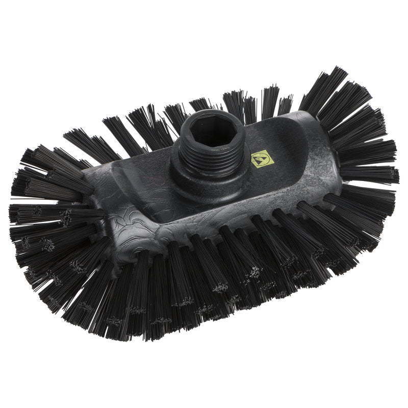 ESD KESSELBÜRSTE,NYL6.0SCHWARZ ø0,50MM KOVA,200X125X35MM Haug Bürsten KG:lta on soikea, musta puhdistusharja, jossa on tiheät, jäykät harjakset ja keskellä kierteinen reikä varren kiinnittämistä varten, esitettynä valkoisella taustalla.