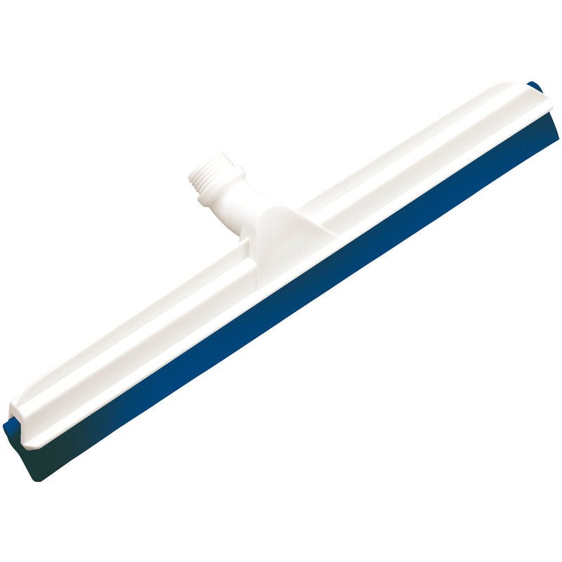 Se Haug Bürsten KG GELENK-WASSERSCHIEBER, 2-lippig Lebensmittelg., 560x43x22mm on valkoinen muovinen lattianpyyhkijä, jossa on sininen kumilevy ja keskellä oleva kierteinen holkki; se sopii erinomaisesti käytettäväksi elintarviketeollisuudessa.