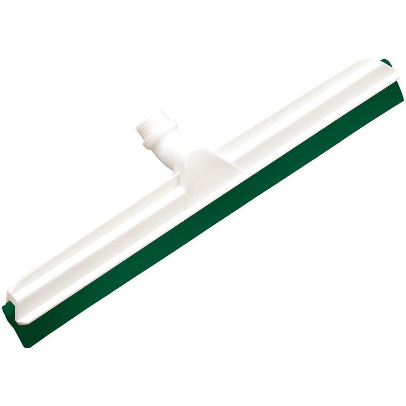 Se Haug Bürsten KG GELENK-WASSERSCHIEBER, 2-lippig Lebensmittelg., 560x43x22mm on valkoinen muovinen lattianraapimispää, jossa on vihreä kumilevy ja kierreliitäntä; se sopii erinomaisesti elintarviketeollisuuteen.