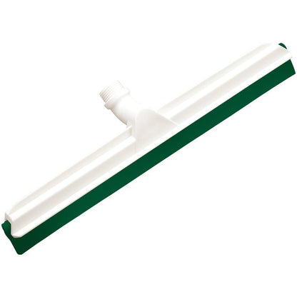 Se Haug Bürsten KG GELENK-WASSERSCHIEBER, 2-lippig Lebensmittelg., 560x43x22mm on valkoinen muovinen lattianraapimispää, jossa on vihreä kumilevy ja kierreliitäntä; se sopii erinomaisesti elintarviketeollisuuteen.